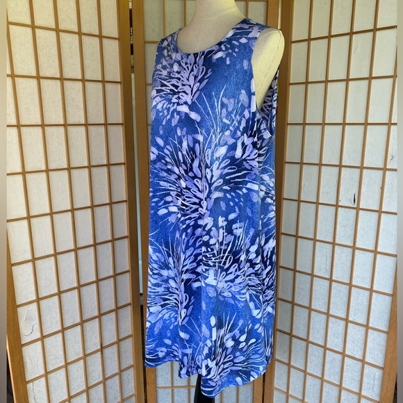 Clara Sun Woo Midi Stretch Knit Sleeveless Blue Print Swing Shift Dress SZ 1X - Picture 11 of 13
